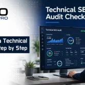 Technical SEO audit checklist infographic showing step-by-step website analysis process with analytics dashboard