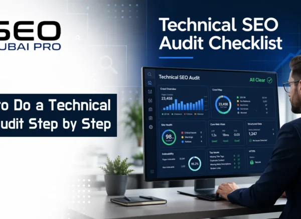 Technical SEO audit checklist infographic showing step-by-step website analysis process with analytics dashboard