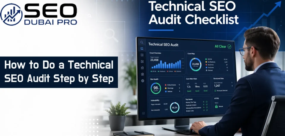Technical SEO audit checklist infographic showing step-by-step website analysis process with analytics dashboard