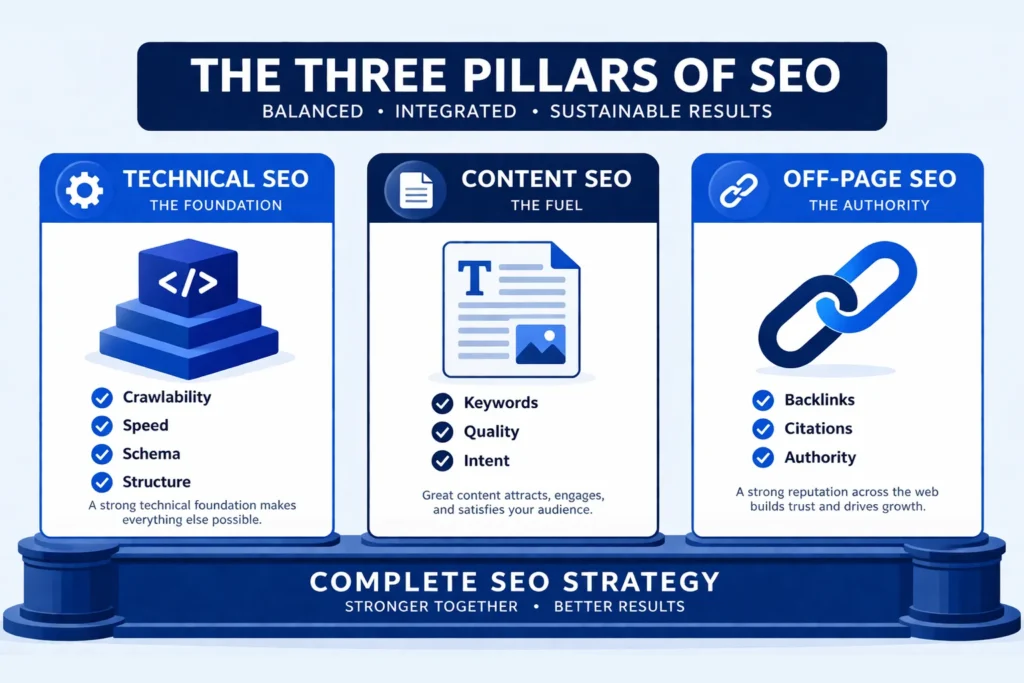 The Three Pillars of SEO — Where Technical SEO Fits