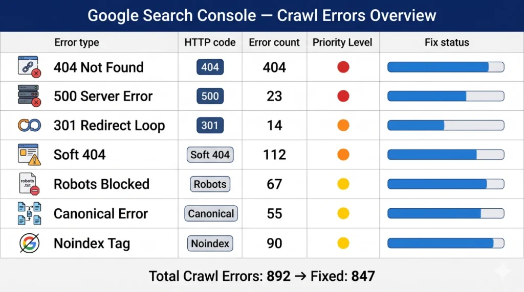 Types of Crawl Errors — Complete Reference Table