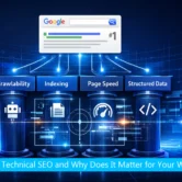What is technical SEO — illustrated guide showing website crawlability, indexing, page speed, and schema markup as interconnected pillars of technical search optimisation
