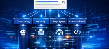 What is technical SEO — illustrated guide showing website crawlability, indexing, page speed, and schema markup as interconnected pillars of technical search optimisation