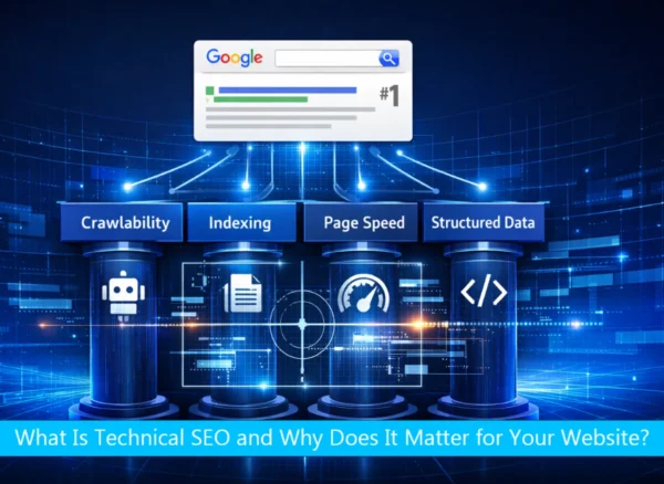 What is technical SEO — illustrated guide showing website crawlability, indexing, page speed, and schema markup as interconnected pillars of technical search optimisation