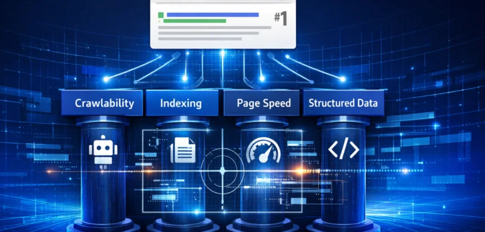 What is technical SEO — illustrated guide showing website crawlability, indexing, page speed, and schema markup as interconnected pillars of technical search optimisation
